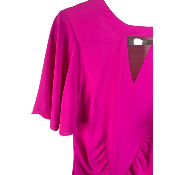 Le Superbe Waikiki Ruched Ruffle Mini Dress Keyhole Neck Flutter Sleeve Pink 2 - Picture 12 of 16
